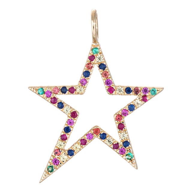 Multi Gemstone Star Pendant Estate 14k Gold Emerald Ruby Sapphire Fine Jewelry For Sale
