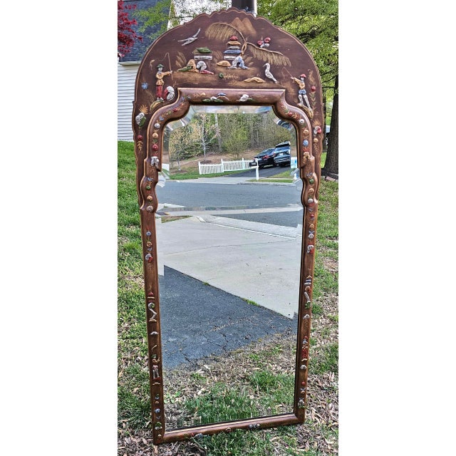 This Vintage Hand-Painted Embossed Two-Plate Chinoiserie Mirror, with an ornate top panel and a canvas of fanciful Orient...