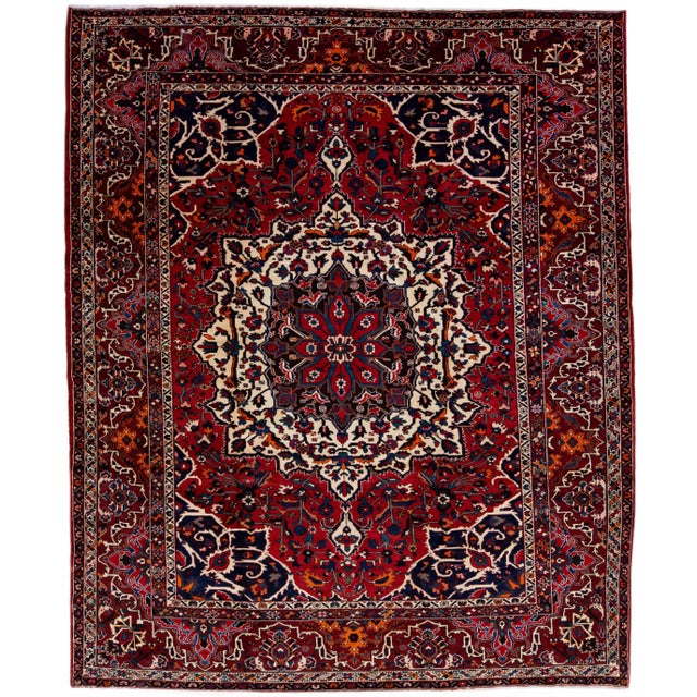 Textile Red Antique Persian Bakhtiari Handmade Wool Rug With Rosette Design For Sale - Image 7 of 7