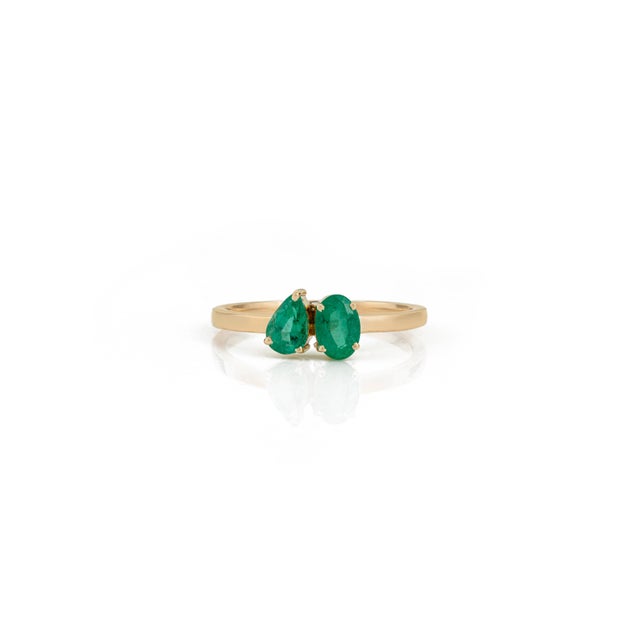 Oval & Pear Natural Emerald Toi Et Moi Ring in 14k Solid Yellow Gold Size 4 For Sale - Image 4 of 14