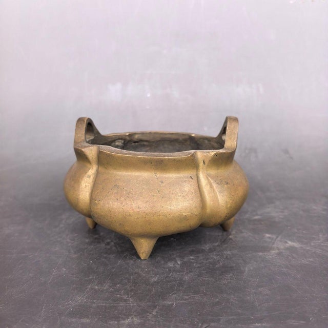 Vintage Solid Brass Incense Burner, Yuanbao Ears & Tripod Feet, Melon Shaped Chinoiserie Censer for Altar and Table Decor For Sale - Image 9 of 9