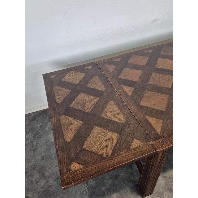 Extendable Monastery Table in Oak with Versailles Parquet Top For Sale - Image 4 of 9