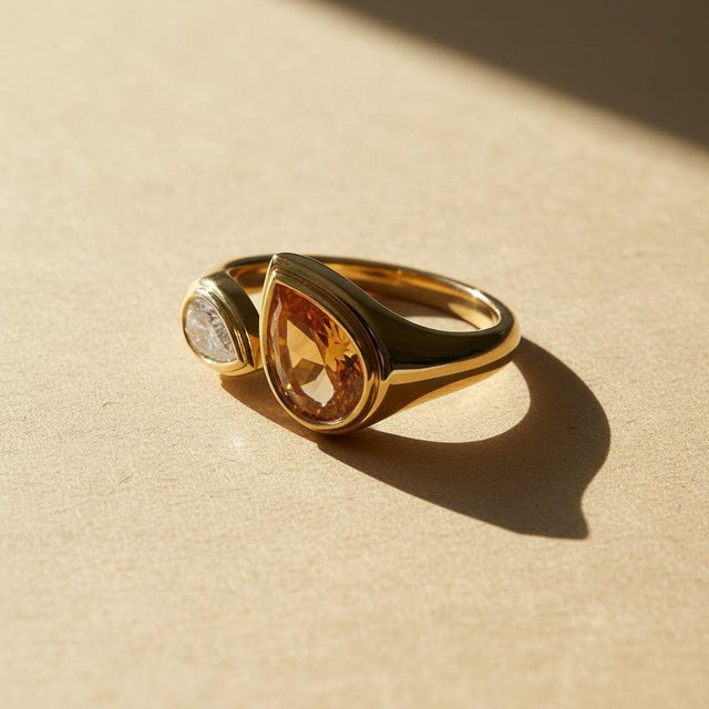 Toi et Moi Gemstone Ring: Citrine and Moissanite. Perfect "You n I" Gold Birthmonth gemstones ring. Metal: 925 silver +...