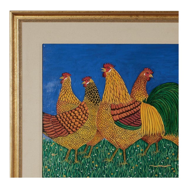 Whimsical acrylic painting on canvas of five roosters in a grass field under a crescent moon, executed in bold colors in a...