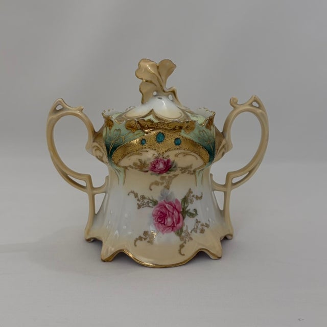 1900 - 1909 Antique r.s. Prussia Porcelain Tea Set – Roses, Turquoise Jewels & Heavy Gilt For Sale - Image 5 of 17