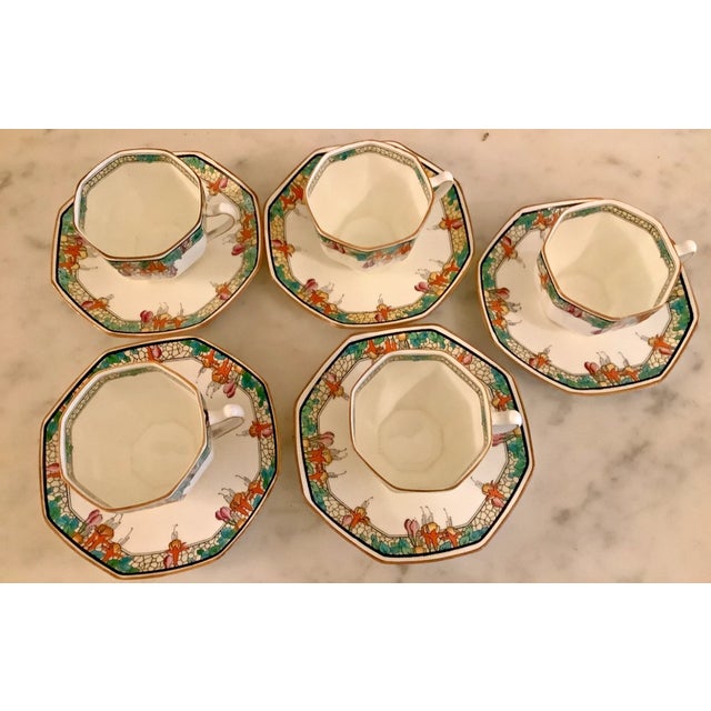 Mid-Century Modern Vintage Royal Doulton Art Deco Fuchsia Chritsmas Tea Coffee Cups & Saucers-Set of 5 For Sale - Image 3 of 4
