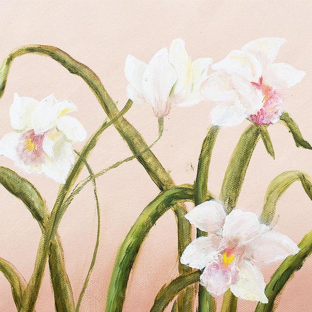Mid 20th Century Oil on Canvas Floral Orchid Painting on Pink Background by Elaine Park For Sale - Image 5 of 7