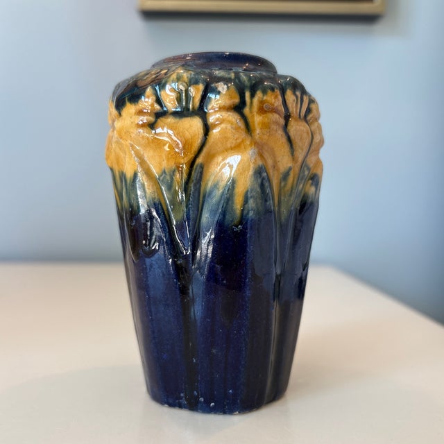 1910s Beautiful Ink Blue and Orange Brush McCoy Vase in Excellent Vintage Condition For Sale - Image 5 of 9