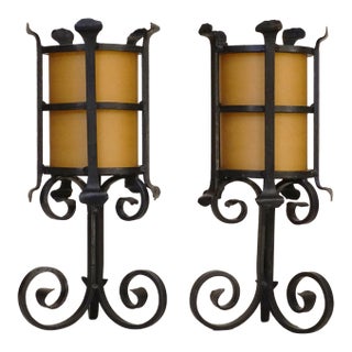 Pair of Large Arts & Crafts Gothic Wrought Iron Table Lamps Spanish Revival, 1930's For Sale