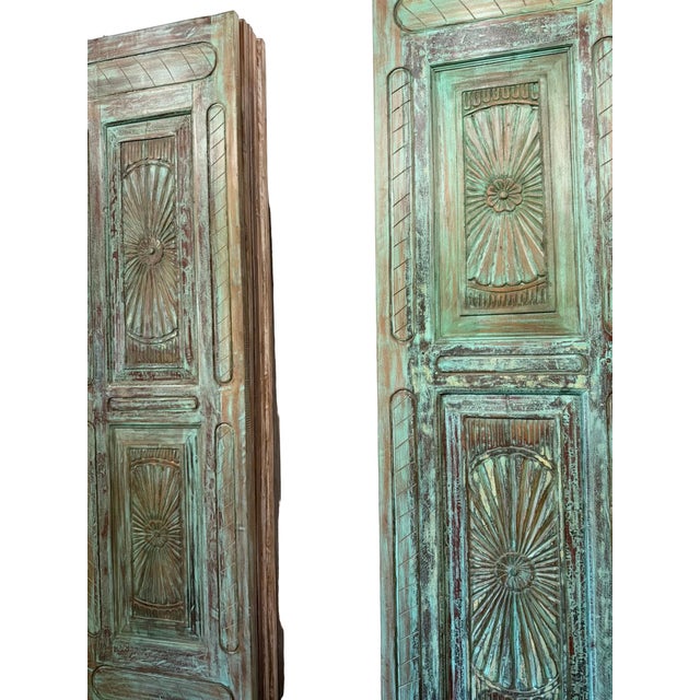 1920s Vintage Spanish Revival Carved Wood Barn Door | Handcrafted Solid Wood Sliding Door Panel 96x27 For Sale - Image 5 of 9