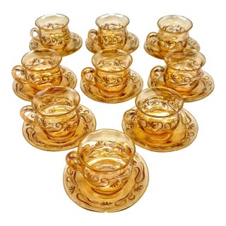 9 Art Nouveau Citrine Gilt Enamel Crystal Demitasse Cups & Saucers, Atrib. Moser For Sale