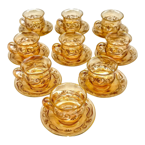 9 Art Nouveau Citrine Gilt Enamel Crystal Demitasse Cups & Saucers, Atrib. Moser