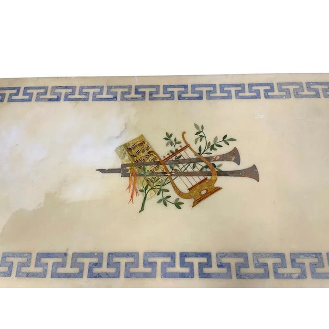 1940s Marble Top White and Gilt Coffee Table with Greek Key and Decorative Inlay For Sale - Image 5 of 10