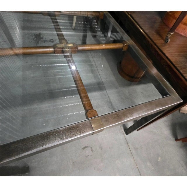 Mid 20th Century Hollywood Regency Brushed Metal W/Brass Accents and Glass Top on Wood Grid Dining Table For Sale In Washington DC - Image 6 of 8