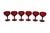 A set of six mid century margarita glasses. Ruby red blown glasses are rippled at the base of the cups, and tapered stems...