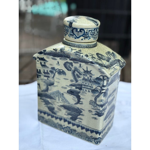 Vintage Pair Blue&White Porcelain Jars : Vase Decanter Beautiful (One Lid) For Sale In Chicago - Image 6 of 7
