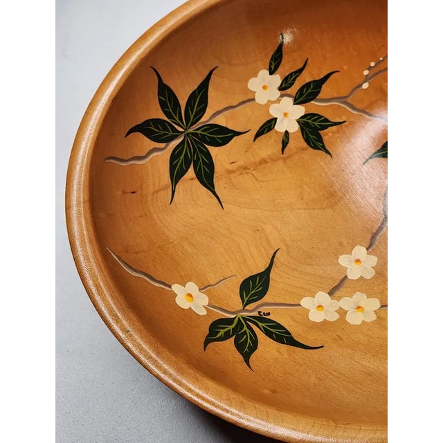 Wood Vintage Munising Hand Painted Signed Wooden Footed Bowl - Floral Dogwood 13.5" - MCM Home Dec - Accent Bowl Decorative For Sale - Image 7 of 15