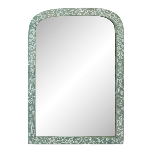 Sage Green Ground Paint-Decorated Wood Framed Arch Form Mirror For Sale