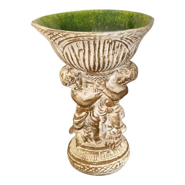 Antiqued Finish Angel Footed Neoclassic Ceramic Bowl With Green Glaze Inside Finish For Sale