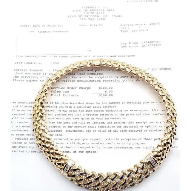 Vintage Tiffany & Co. Vannerie Diamond Sapphire Basket Weave Yellow Gold Necklace For Sale - Image 10 of 17