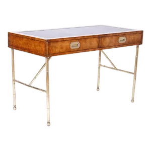 Mid Century Leather Top Writing Desk With Faux Bamboo Legs by Mastercraft