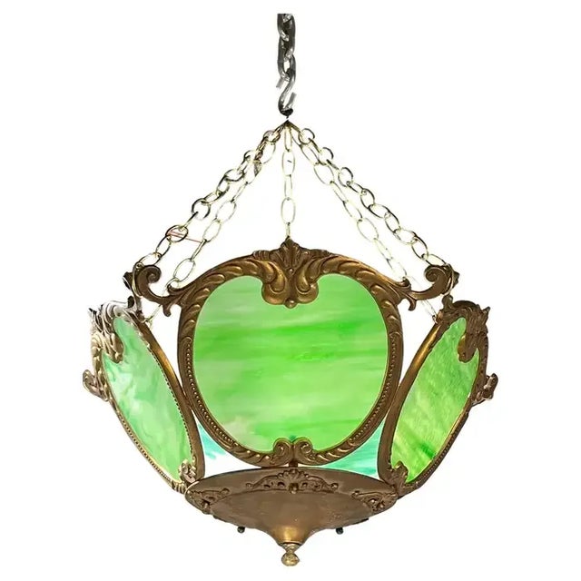 Vintage 1950s Green Slag Glass and Bronze Pendant in Arts and Crafts Style For Sale In New York - Image 6 of 6
