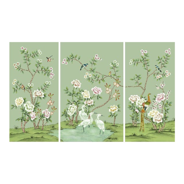 20"*40" /Panel, Aqua Green Chinoiserie Colourful Peonies Wallpaper Panels - Set of 3 Wall Artwork ( No Frame) For Sale