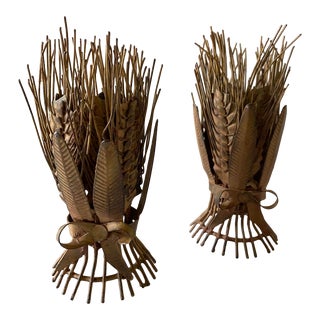 Pair of Vintage Metal Harvest Wheat Design Candle Holders For Sale