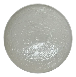 Chinese Relief Dragon Motif White Ceramic Bowl Plate Display Art