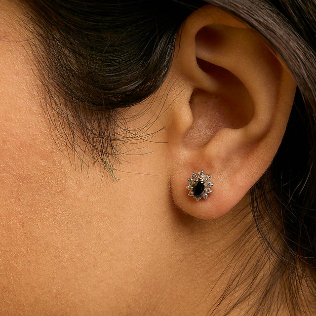 14K Yellow Gold 1/4 Cttw Diamond and Blue Sapphire Sunburst Halo Stud Earrings, A Pair For Sale - Image 4 of 5