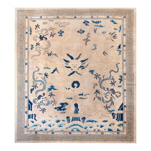 1880s Beige Dragon Medallion Antique Chinese Peking Rug 11'10" X 12'6" Handknotted Wool Carpet