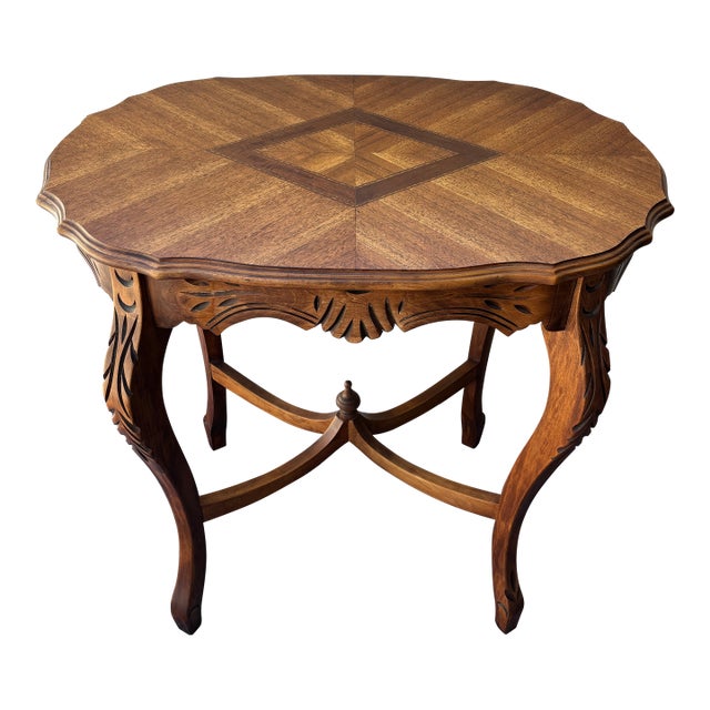 Antique Carved Walnut Accent Table / Side End Table. Featuring Wavy, Marquetry Inlaid Top and Cabroile Legs For Sale