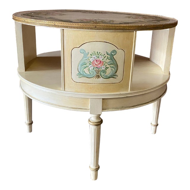 Vintage French Hand-Painted Floral Round Side Table For Sale