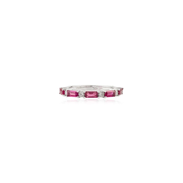 Modern 14k White Gold Minimal Baguette Ruby & Diamond Stackable Half Eternity Ring in Size 6 For Sale - Image 3 of 14