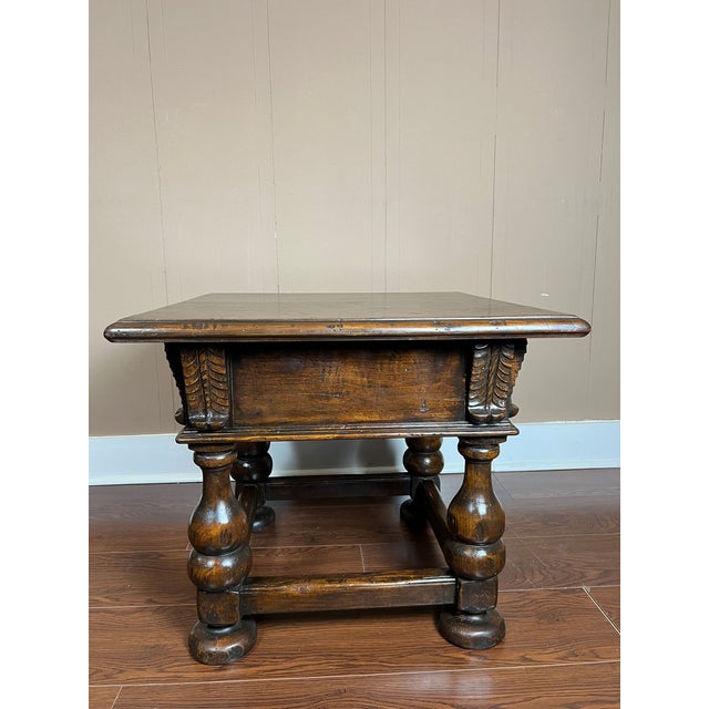 Brown Antique English Side End Table Small Square Carved Oak Jacobean Revival C1910 For Sale - Image 8 of 18