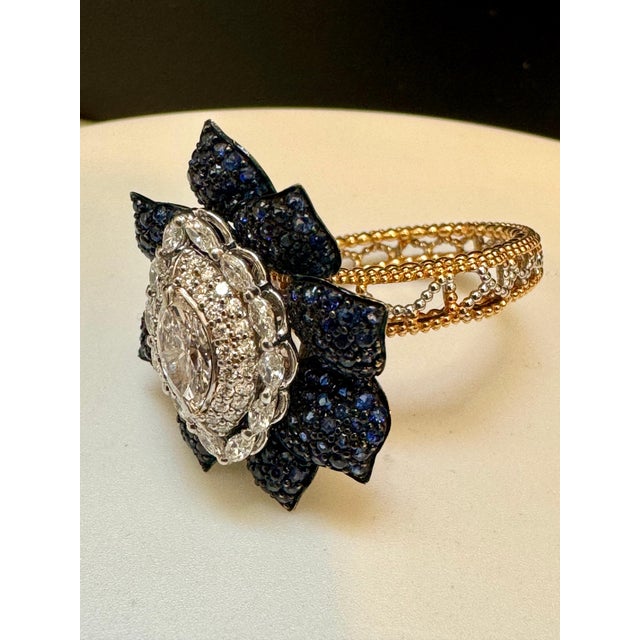 3 Ct Blue Sapphire & 1.5 Ct Diamond Cocktail Ring in 18 Kt Two Tone Gold Size 7 Beautiful Flower Ring Two tone ring as the...
