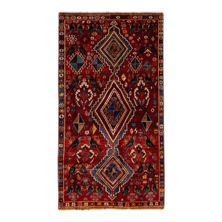Vintage Shiraz Handmade Pictorial Designed Red Wool Rug For Sale