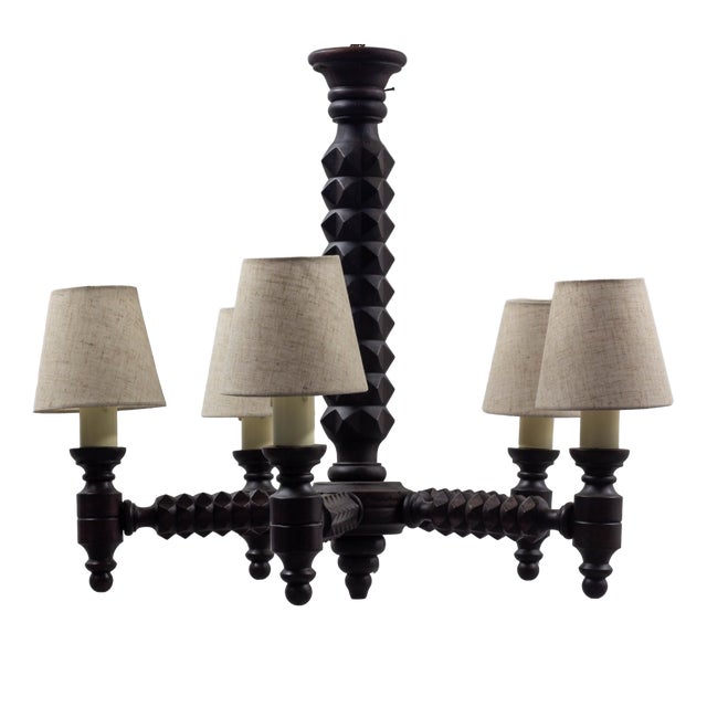 Six-Arm Beech Chandelier in the style of Charles Dudouyt, France, 1950s For Sale