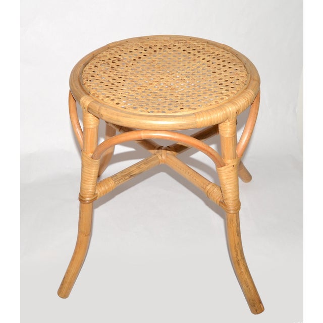 1970s 1970s Mid-Century Modern Round Handwoven Rattan Drum Side Drink Table Low Stool For Sale - Image 5 of 12