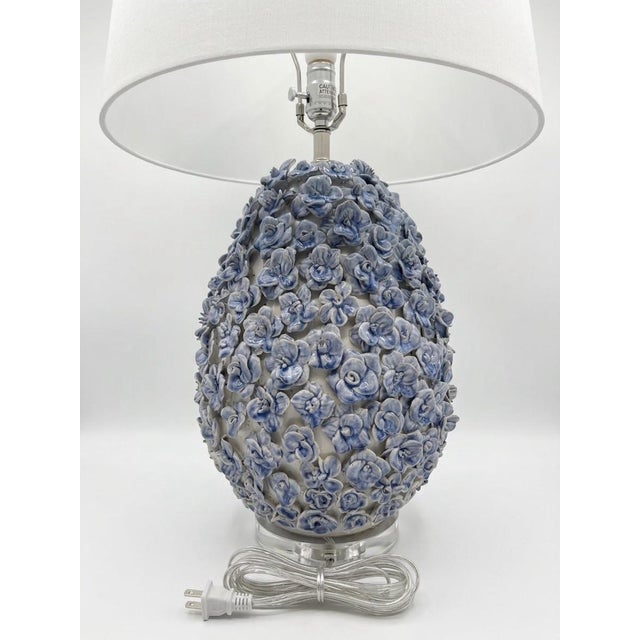 2000 - 2009 Italian-Style Encrusted Blue Ceramic Floral Table Lamps - a Pair For Sale - Image 5 of 12