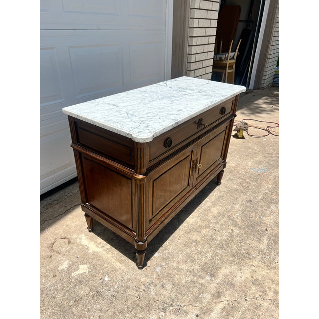 French 19th Century Louis XVI Walnut Carrara Marble Top Two Door Buffet For Sale - Image 9 of 12