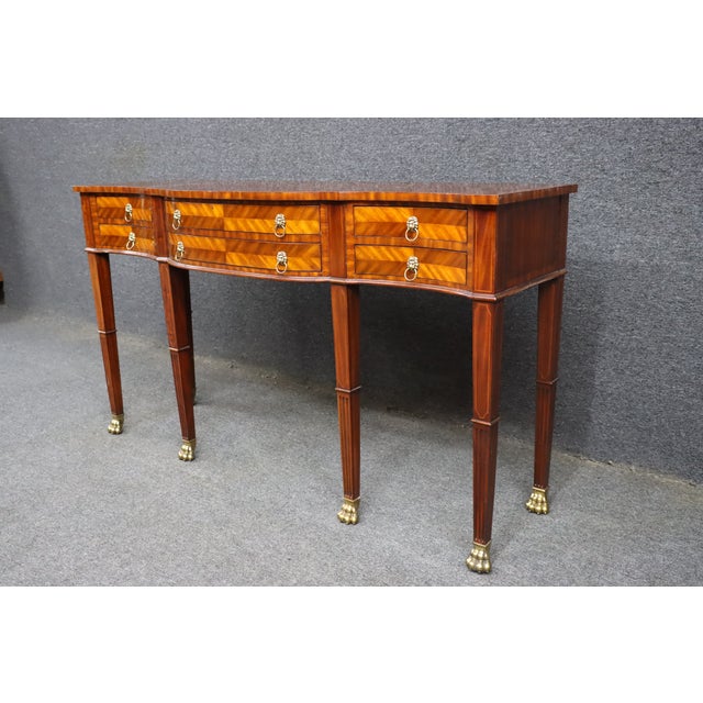 English Maitland-Smith Mahogany Inlaid Console Table With Six Drawers and Brass Paw Feet For Sale - Image 3 of 15