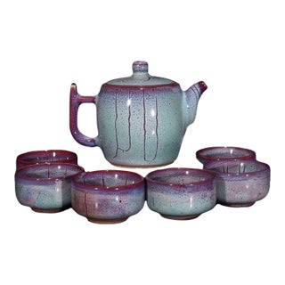Late 20th Century Chinese Jun Ware Style Flambe Glaze Porcelain Teapot Set With 6 Cups - 7 pcs For Sale