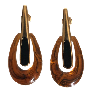 1980s Trifari Faux Tortoise Lucite Gold Abstract Dangle Earrings, A Pair