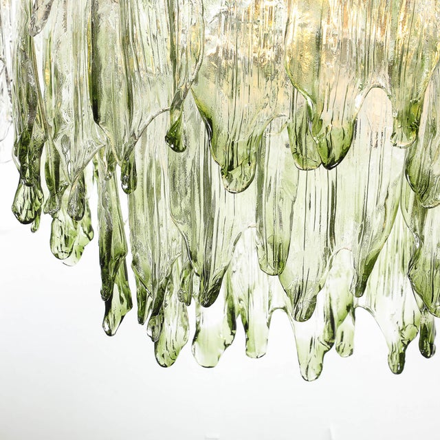 1960s Mid-Century 3-Tier Hand-Blown Murano Green Glass Fiamme Chandelier by Mazzega For Sale - Image 5 of 18