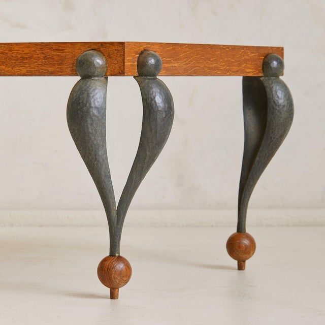 Metal French Oak + Hammered Iron Rectangular Coffee Table, 1950s For Sale - Image 7 of 9