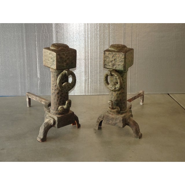 Spanish Revival Vintage Spanish Revival Hammered Iron Three Piece Andirons Fireplace Accessorie For Sale - Image 3 of 15