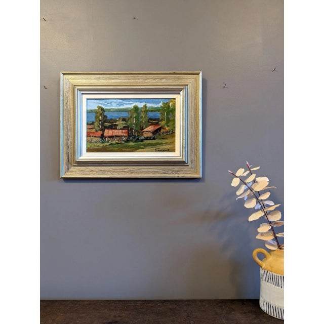 Mid-Century Modern Mid-Century Modern Swedish "Red Houses in Nature" Vintage Expressive Landscape Oil Painting, Framed For Sale - Image 3 of 12