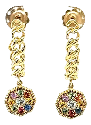 3.42 Carat Sapphire Yellow Gold Drop Earrings, A Pair