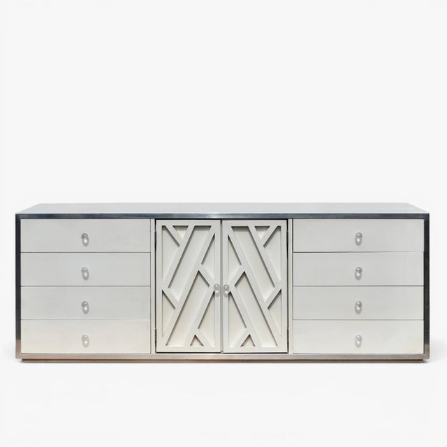 Vintage Milo Baughman Style Dresser Credenza with Mirror Chrome edged, geometric lattice relief design, circular lucite...